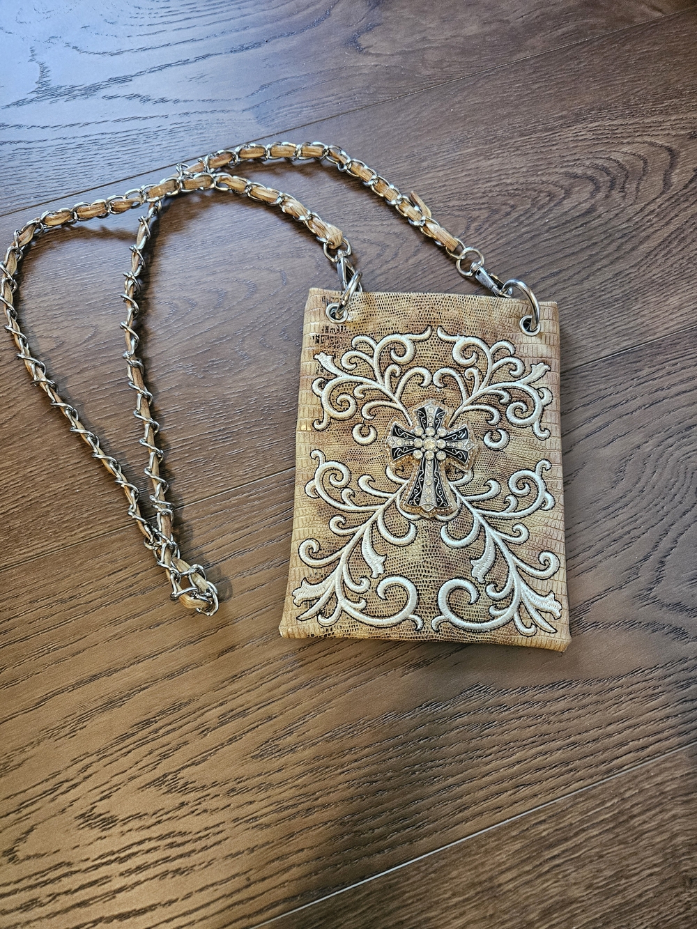 Embroidered Cross Crossbody Bag in Warm Tan